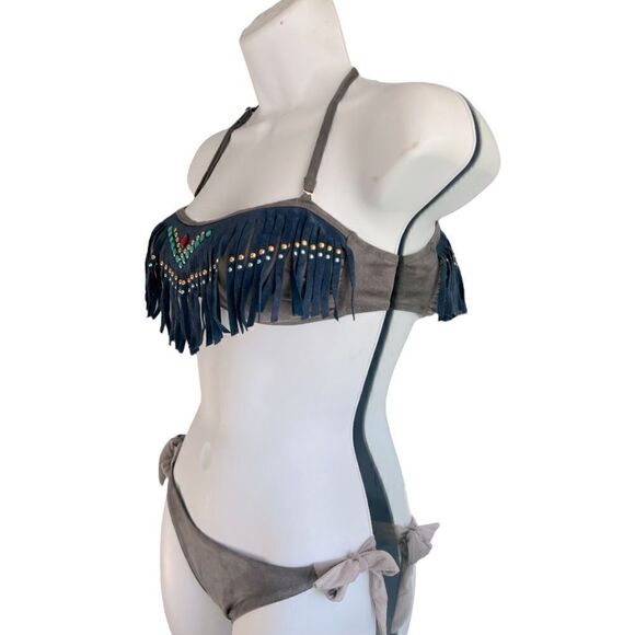 POWER FLOWER Swing-suit Set Bikini Fringes Beads Top Detail Size M Bottom S - Picture 2 of 7